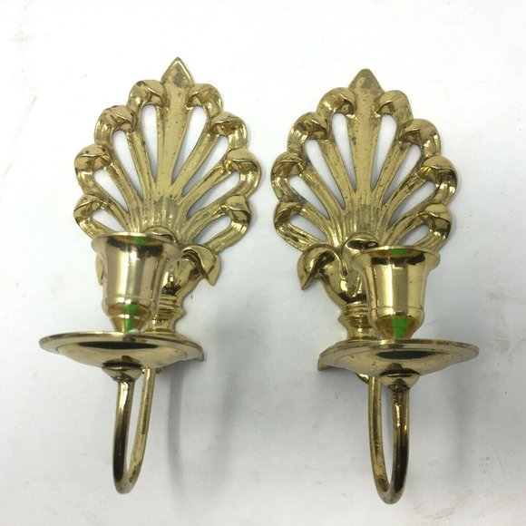 Pair Ornate Brass Sconce Candle Holders Shell - Picture 1 of 9